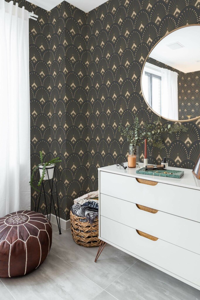 Minimal Mediterranean style powder room decorated with Art deco peel and stick wallpaper