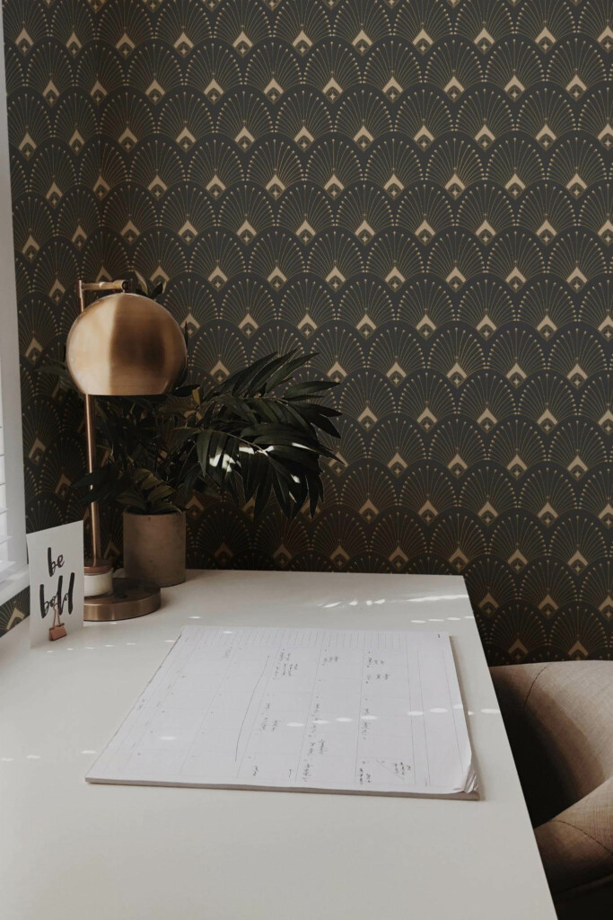 Rustic style home office decorated with Art deco peel and stick wallpaper