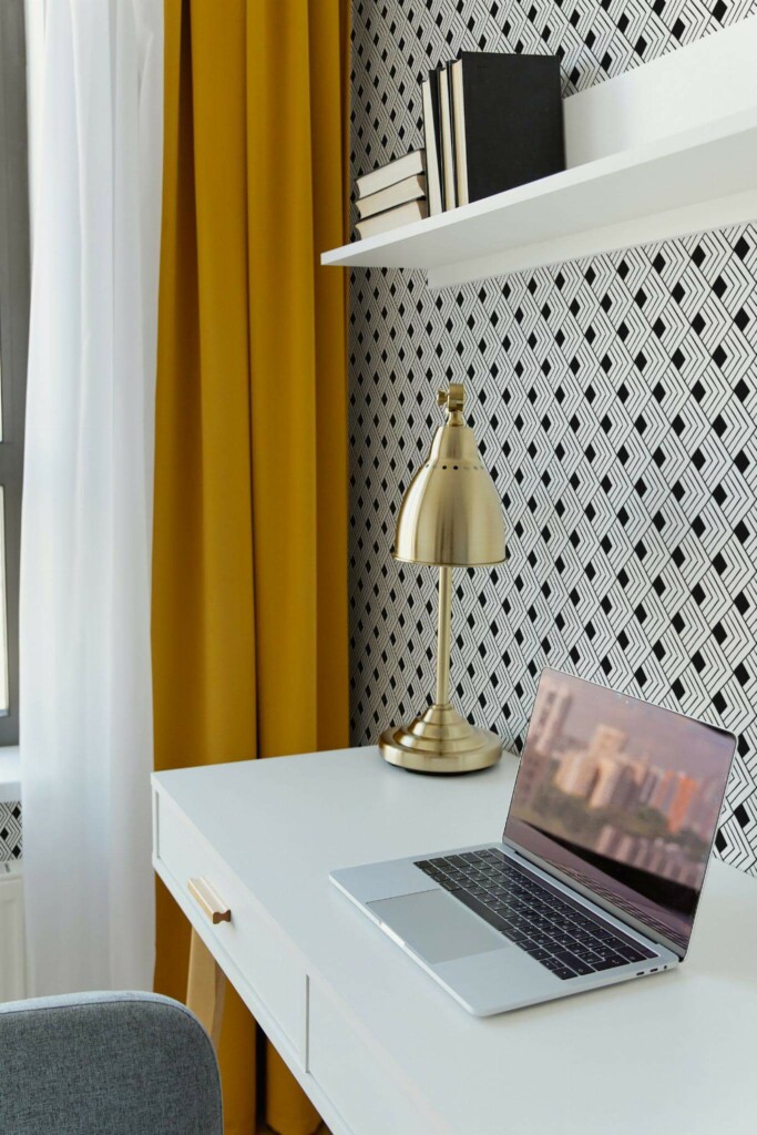 Scandinavian style home office decorated with Art deco rhombus peel and stick wallpaper