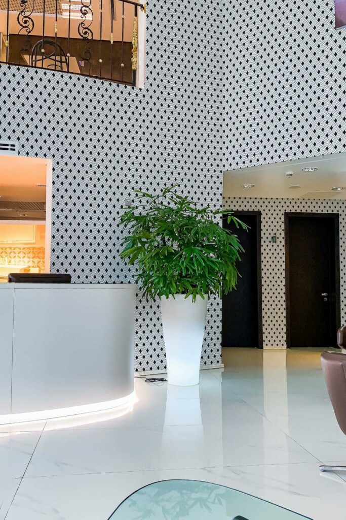 Modern style hallway in a hotel decorated with Art deco rhombus peel and stick wallpaper