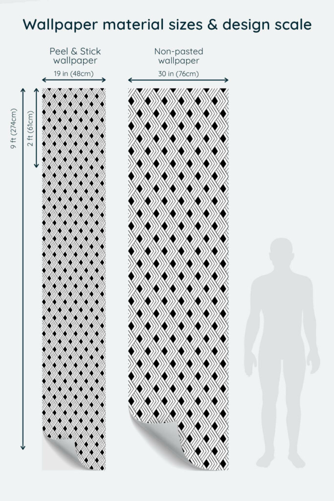 Size comparison of Art Deco rhombus Peel & Stick and Non-pasted wallpapers with design scale relative to human figure