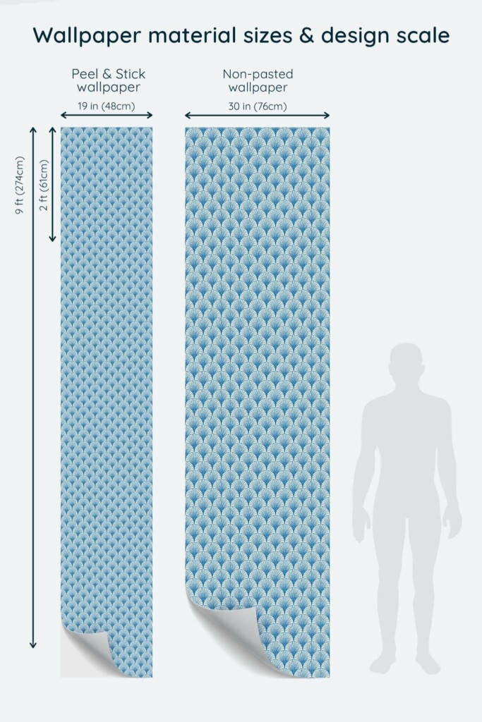 Size comparison of Art Deco seashell Peel & Stick and Non-pasted wallpapers with design scale relative to human figure