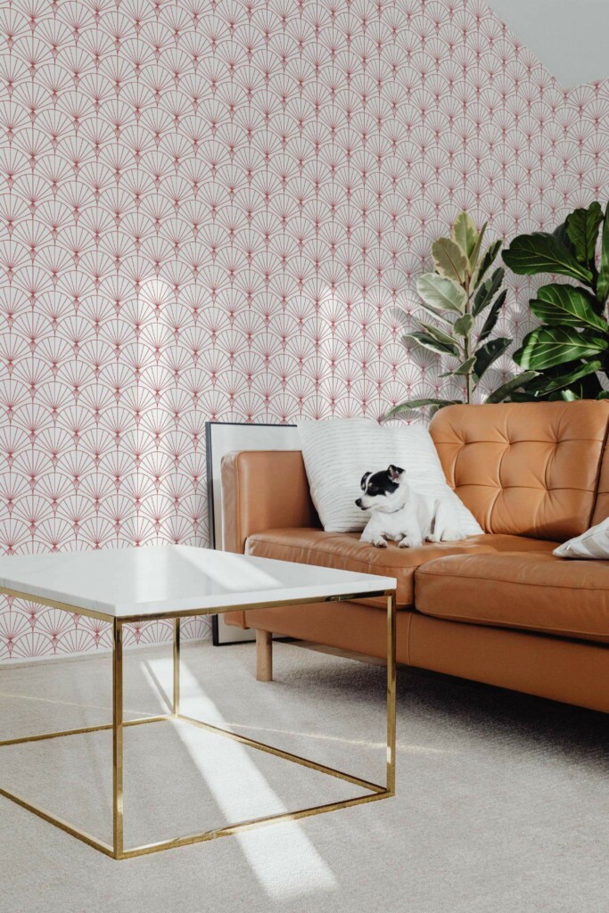 Mid-century modern style living room with dog on a sofa decorated with Art deco shell peel and stick wallpaper