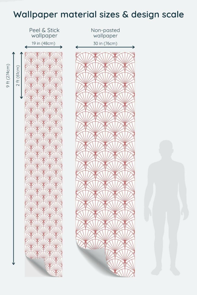 Size comparison of Art Deco shell Peel & Stick and Non-pasted wallpapers with design scale relative to human figure