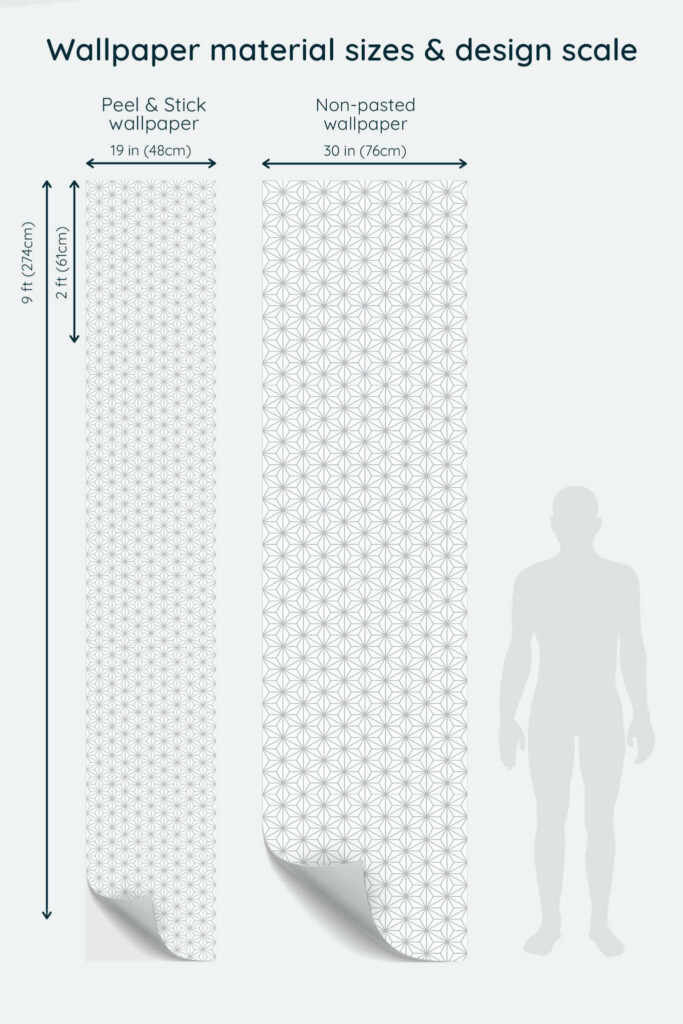 Size comparison of Art Deco star design Peel & Stick and Non-pasted wallpapers with design scale relative to human figure