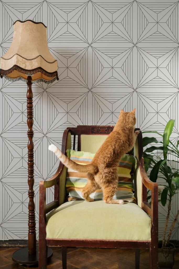 Victorian style living room with a cat decorated with Art deco star peel and stick wallpaper