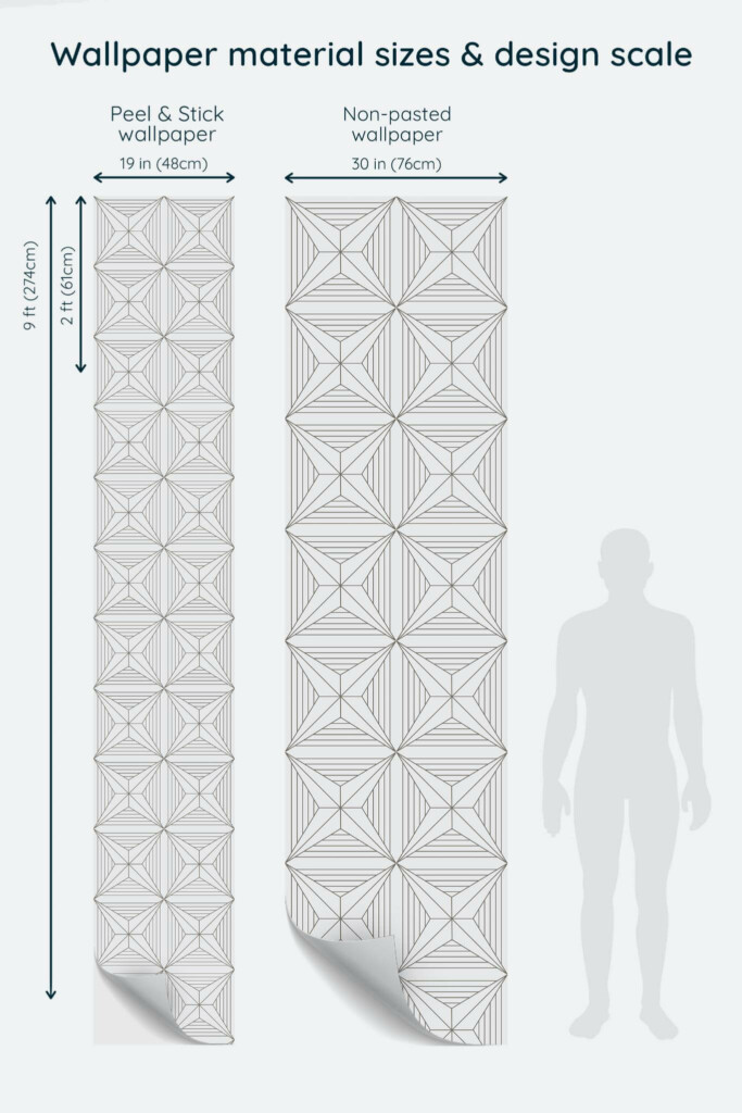 Size comparison of Art Deco star Peel & Stick and Non-pasted wallpapers with design scale relative to human figure