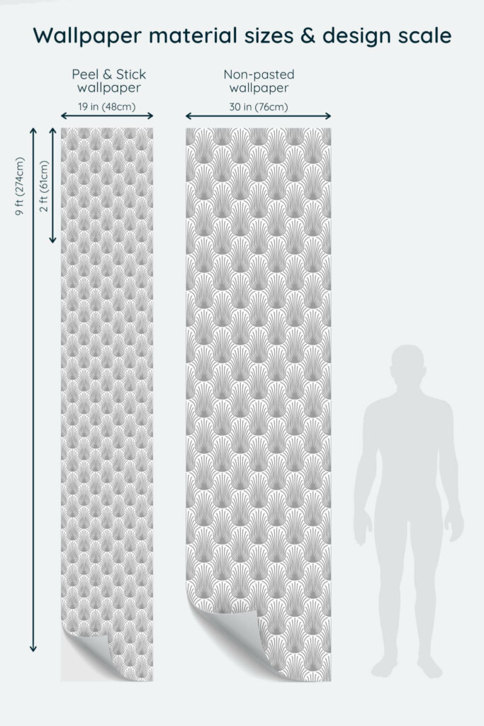 Size comparison of Art Deco style Peel & Stick and Non-pasted wallpapers with design scale relative to human figure