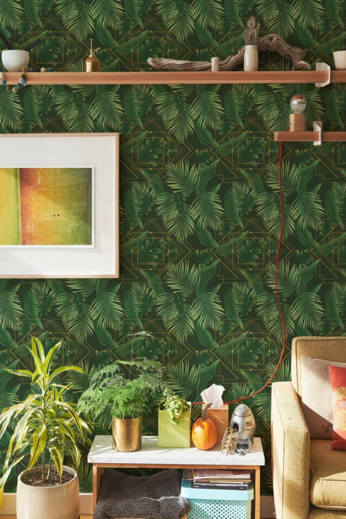 Southwestern style living room decorated with Art deco tropical peel and stick wallpaper