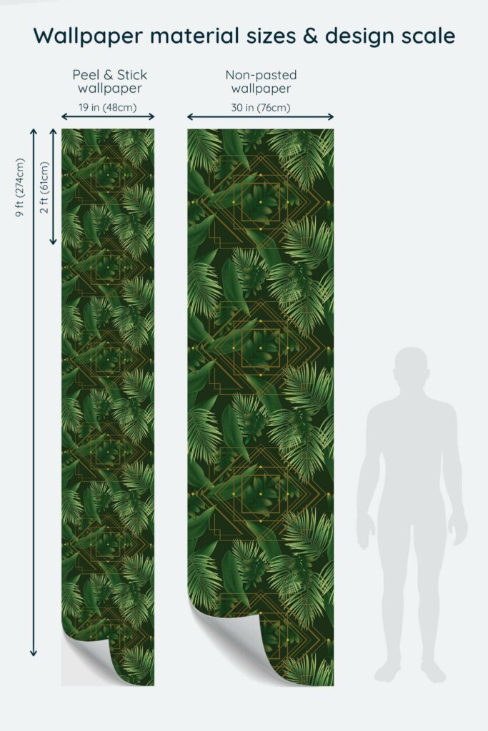 Size comparison of Art deco tropical Peel & Stick and Non-pasted wallpapers with design scale relative to human figure