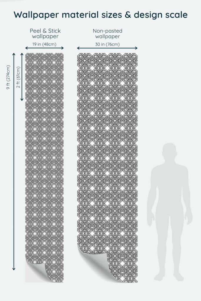 Size comparison of Art Deco Peel & Stick and Non-pasted wallpapers with design scale relative to human figure