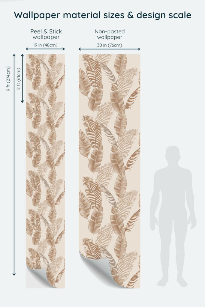 Size comparison of Arthouse banana leaf Peel & Stick and Non-pasted wallpapers with design scale relative to human figure
