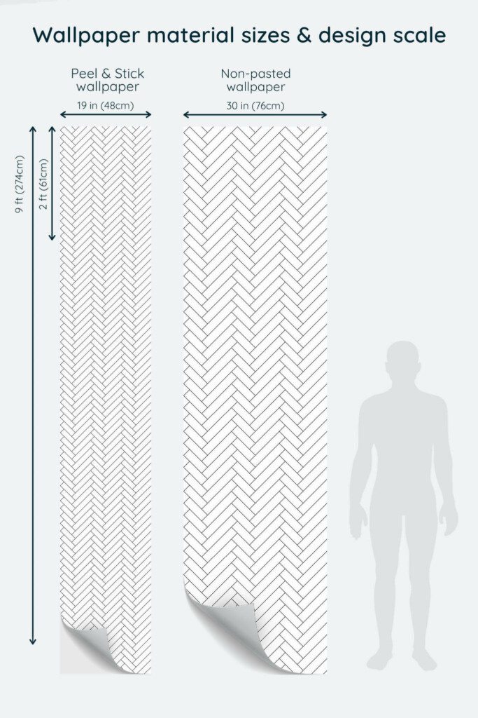 Size comparison of Asymmetric herringbone Peel & Stick and Non-pasted wallpapers with design scale relative to human figure