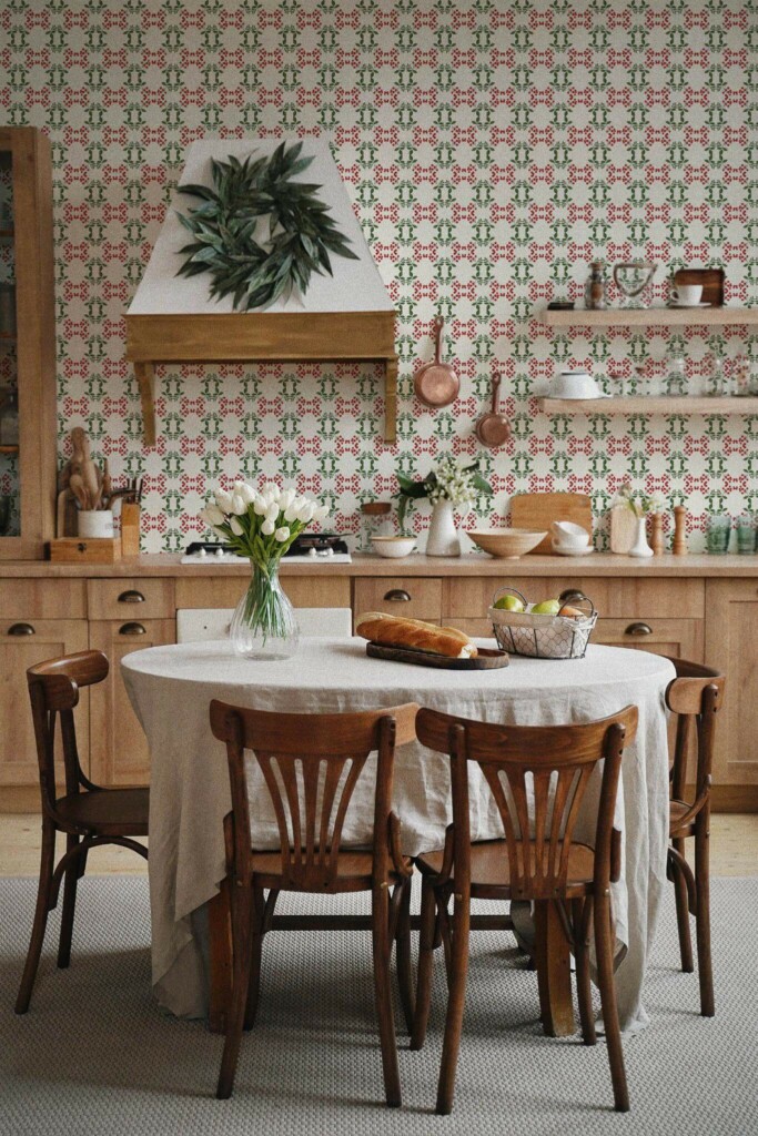 Boho farmhouse style kitchen dining room decorated with Autumn berry pattern peel and stick wallpaper