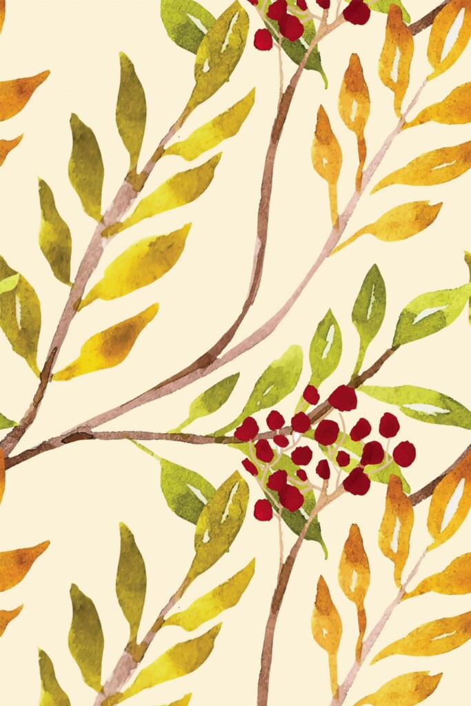 Pattern repeat of Autumn Berry Rowan removable wallpaper design