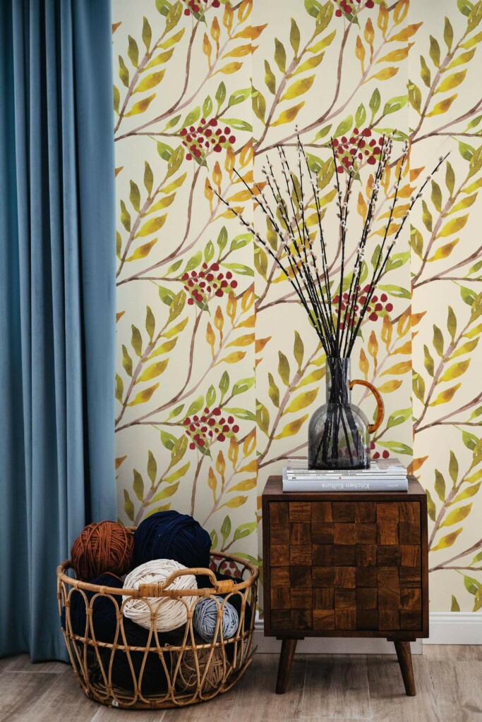 Coastal style living room decorated with Autumn berry rowan peel and stick wallpaper