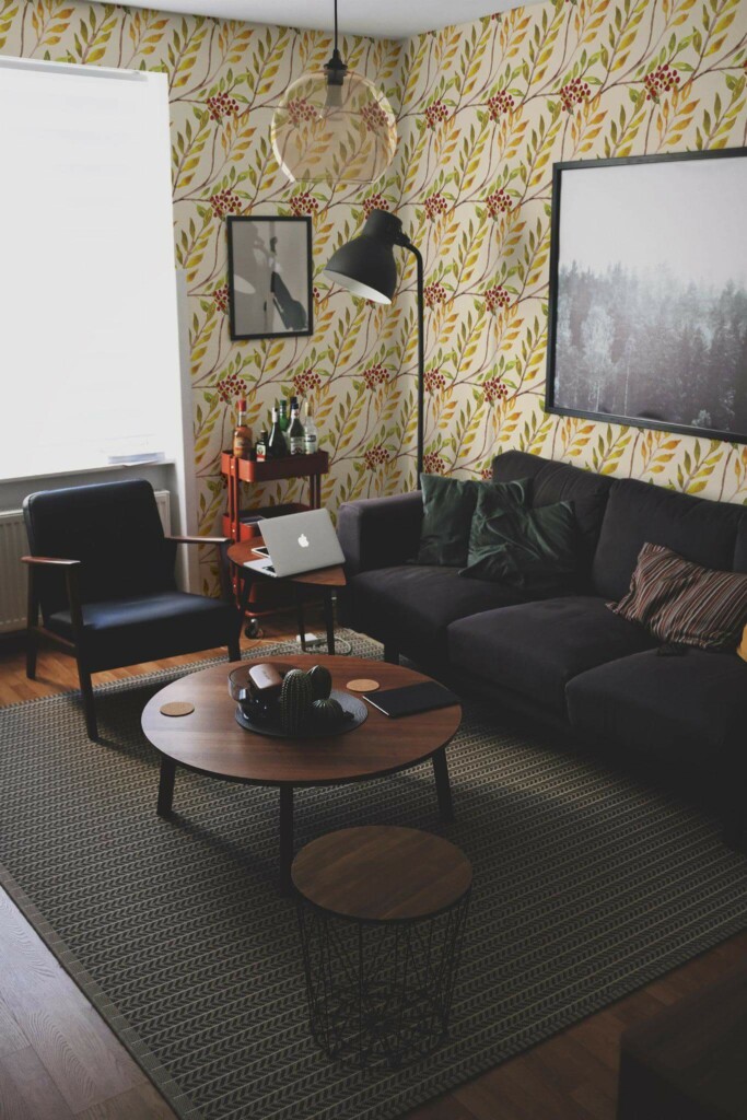 Modern dark industrial style living room decorated with Autumn berry rowan peel and stick wallpaper