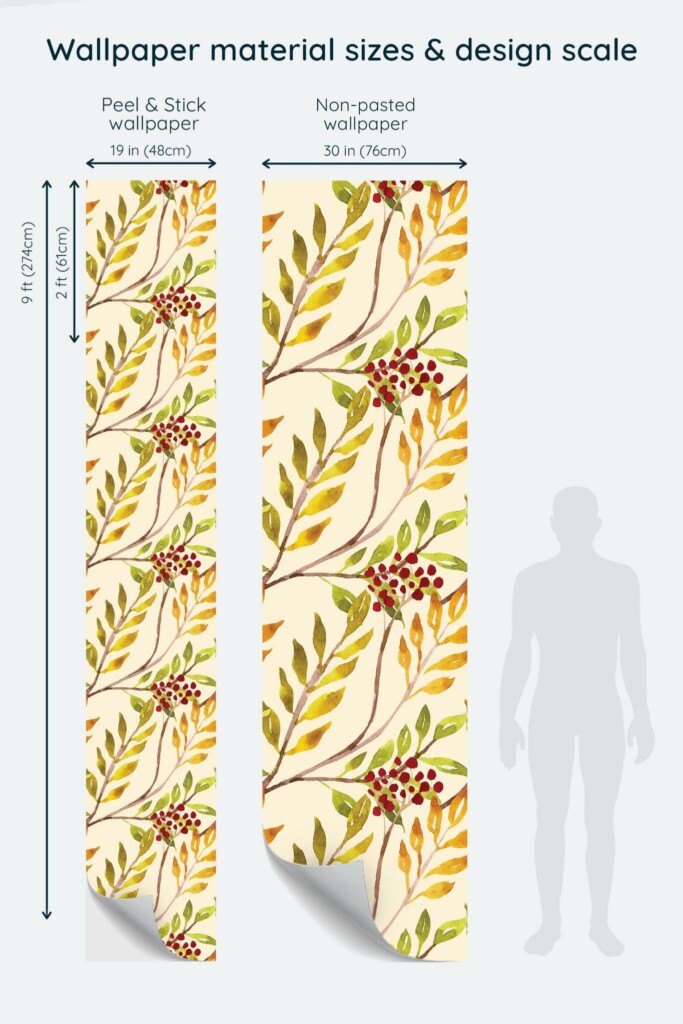 Size comparison of Autumn Berry Rowan Peel & Stick and Non-pasted wallpapers with design scale relative to human figure