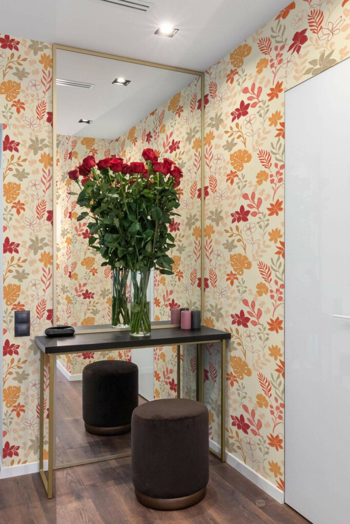Minimal modern style powder room in a hallway decorated with Autumn Botanical peel and stick wallpaper