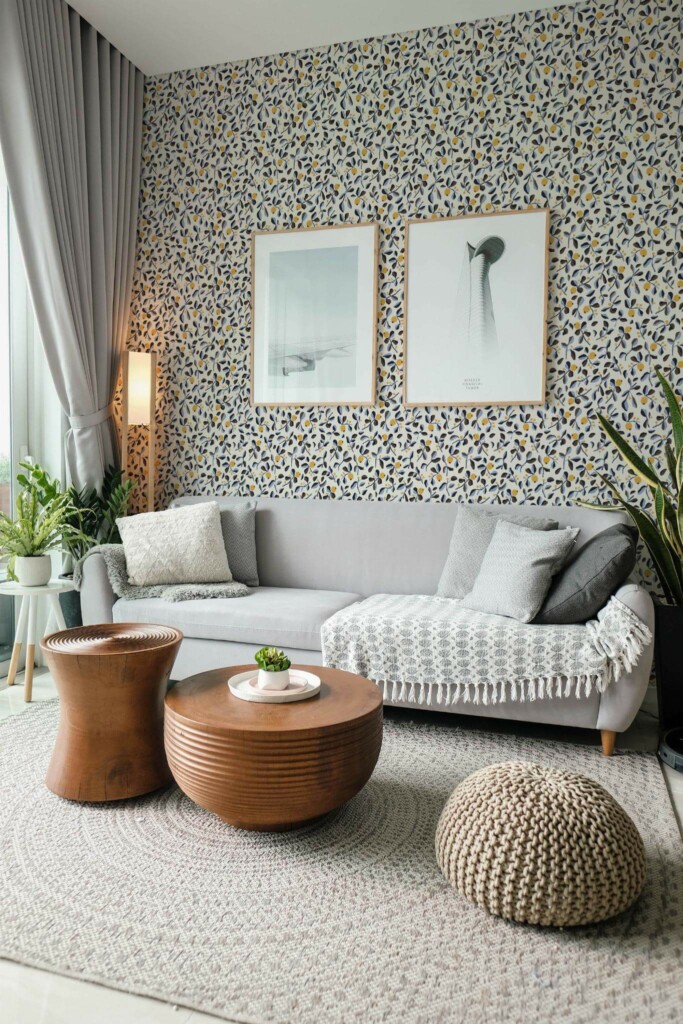 Modern scandinavian style living room decorated with Autumn branch peel and stick wallpaper and green plants