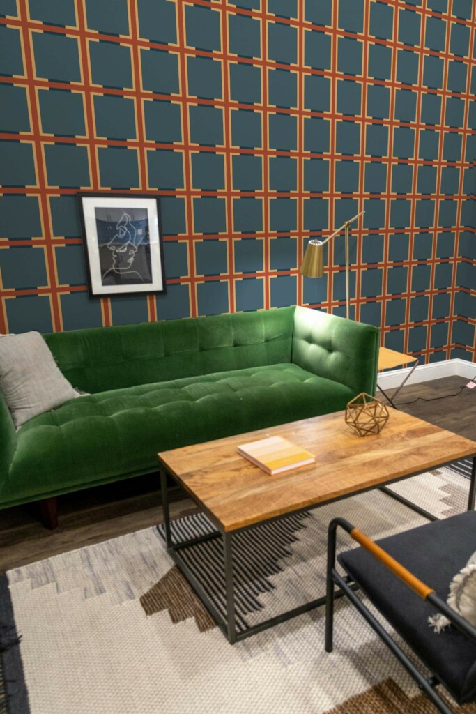 Mid-century modern living room decorated with Autumn geometry peel and stick wallpaper and forest green sofa