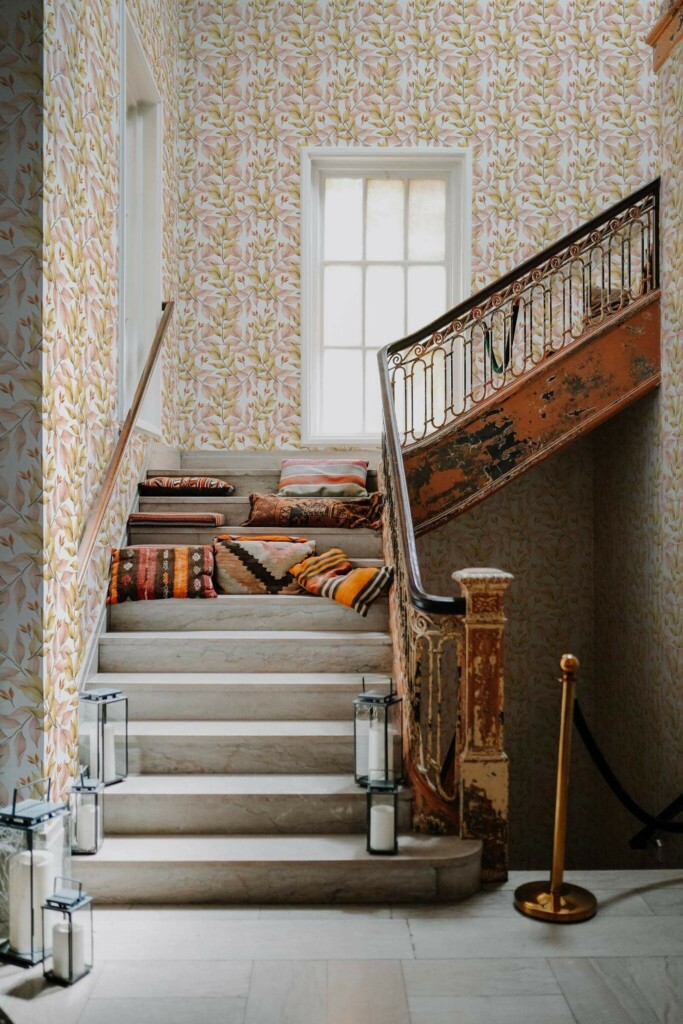 Victorian style hallway decorated with Autumn leaf peel and stick wallpaper