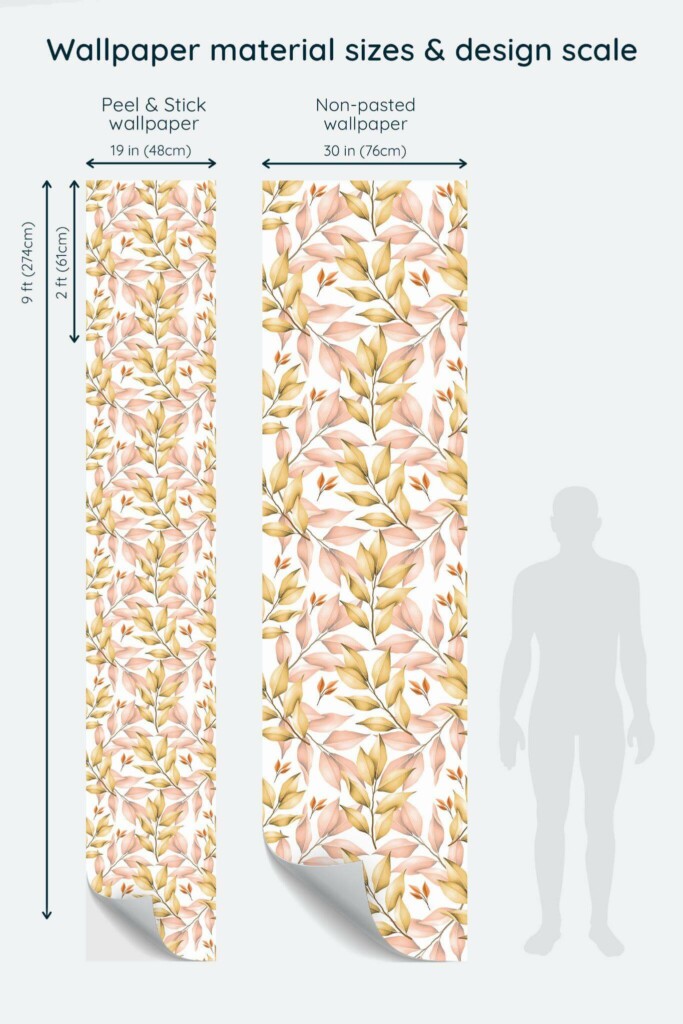 Size comparison of Autumn leaf Peel & Stick and Non-pasted wallpapers with design scale relative to human figure