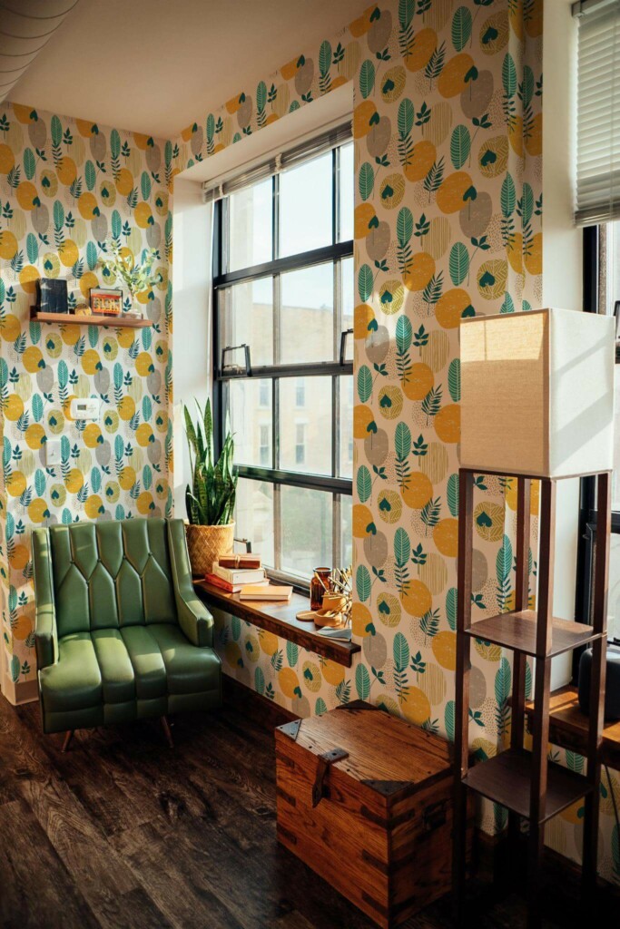 Mid-century style living room decorated with Autumn leaves peel and stick wallpaper