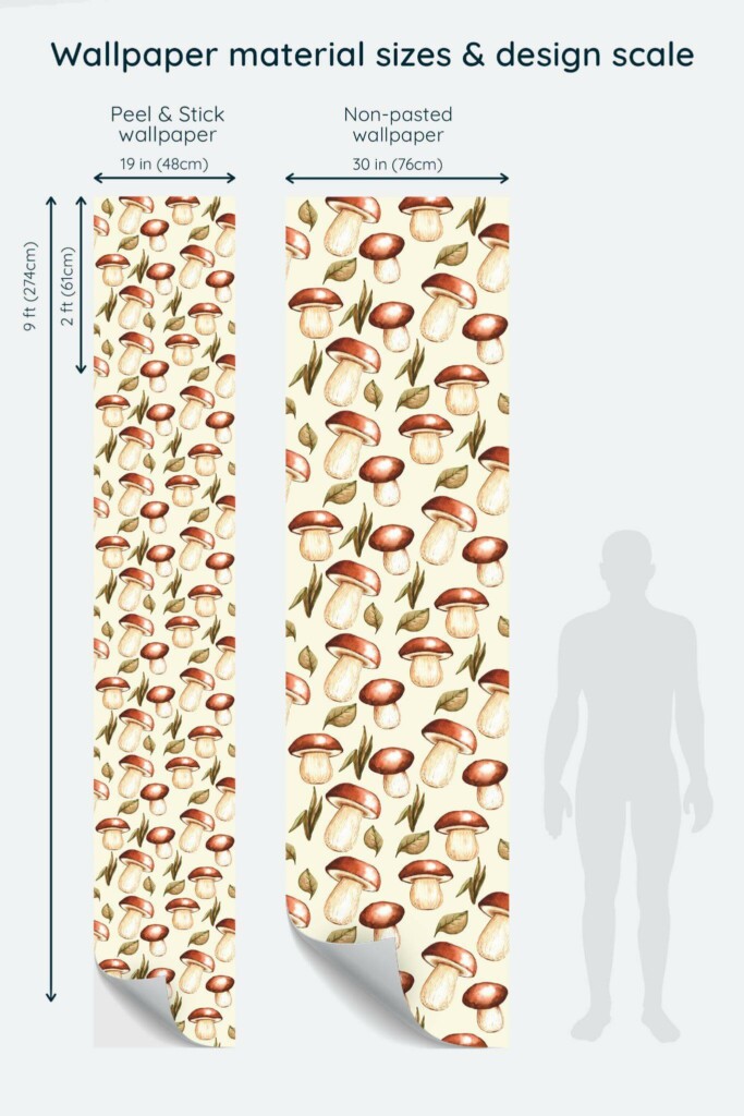 Size comparison of Autumn mushroom Peel & Stick and Non-pasted wallpapers with design scale relative to human figure