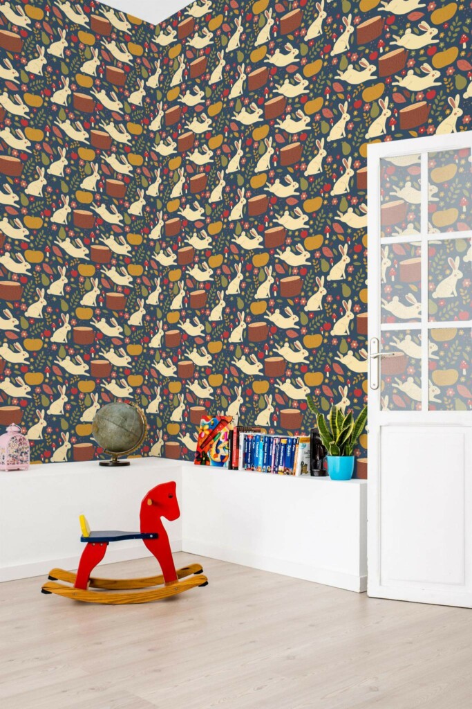 Scandinavian style kids room decorated with Autumn nursery peel and stick wallpaper