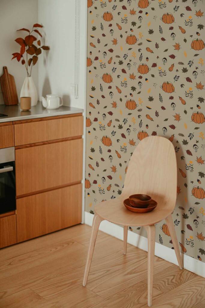 Boho style kitchen decorated with Autumn pattern peel and stick wallpaper