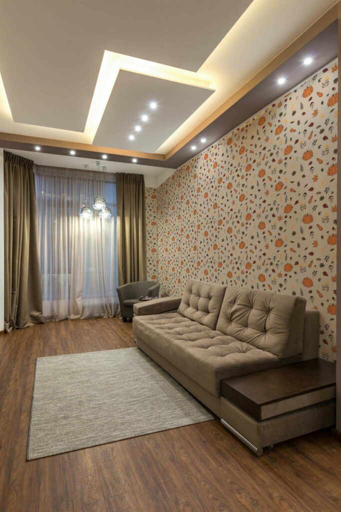 Modern Eastern European style living room decorated with Autumn pattern peel and stick wallpaper