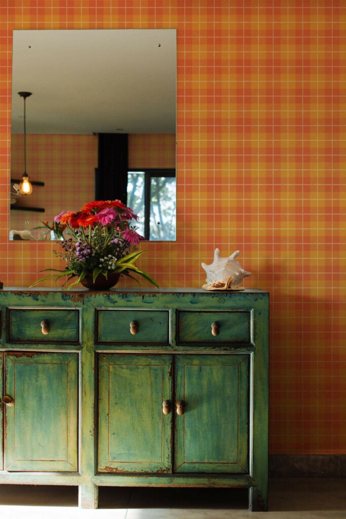 Industrial style living room decorated with Autumn plaid peel and stick wallpaper
