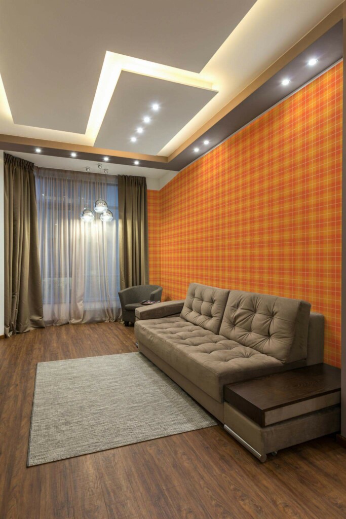 Modern Eastern European style living room decorated with Autumn plaid peel and stick wallpaper
