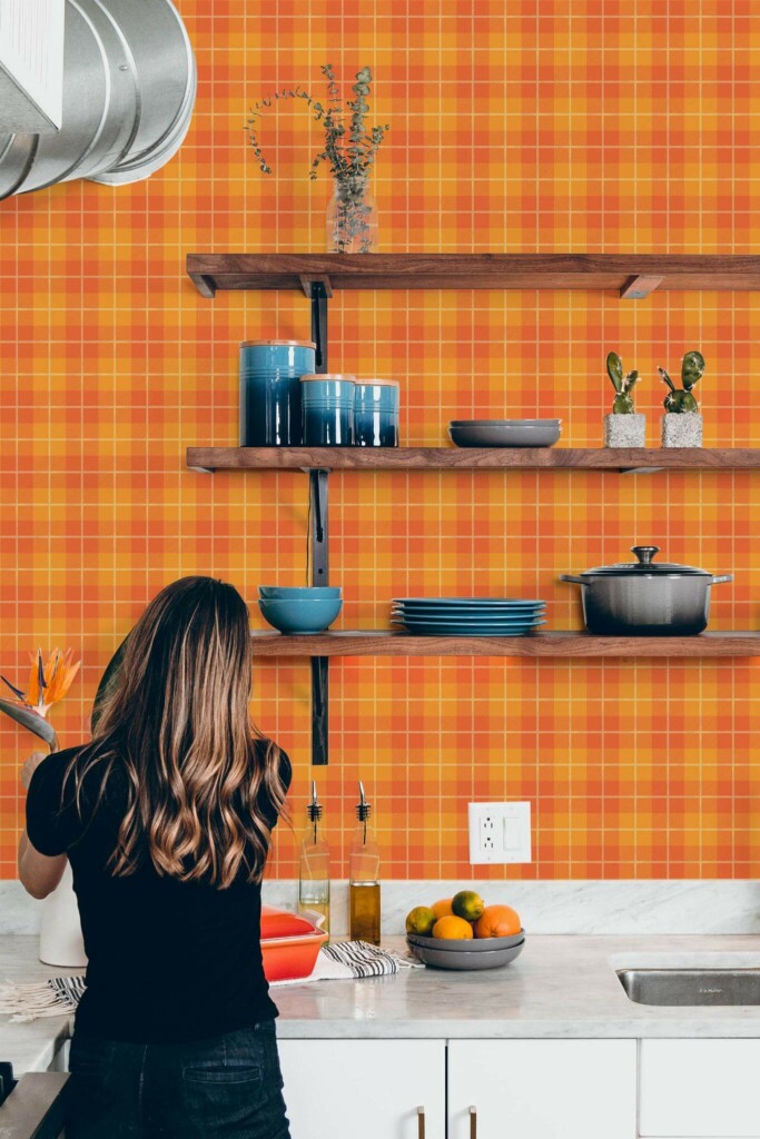 Modern Rustic style kitchen decorated with Autumn plaid peel and stick wallpaper