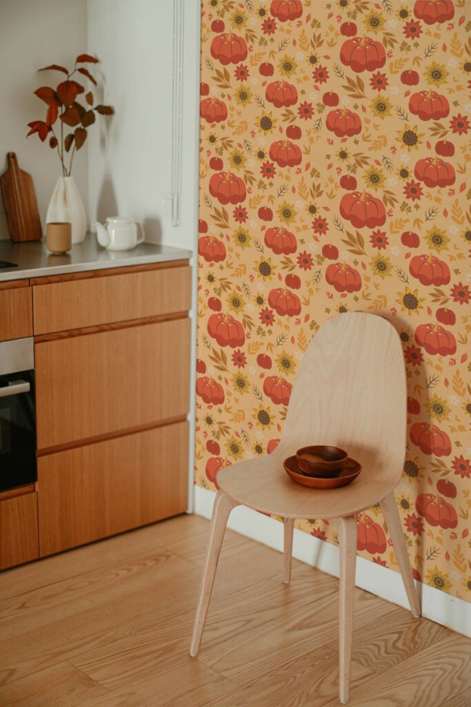 Boho style kitchen decorated with Autumn pumpkin peel and stick wallpaper