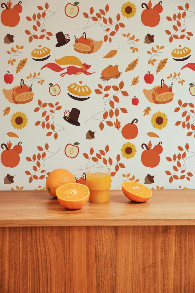 Mid-century style living room decorated with Autumn thanksgiving peel and stick wallpaper