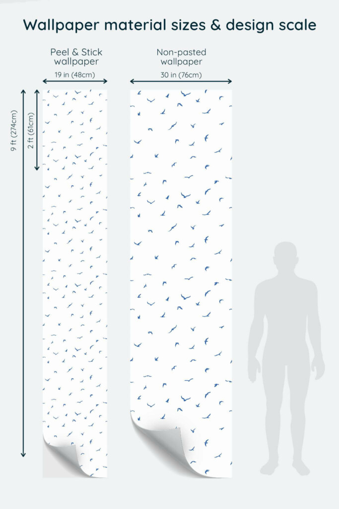 Size comparison of Azure Flight Peel & Stick and Non-pasted wallpapers with design scale relative to human figure