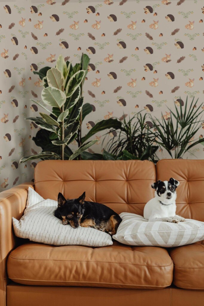 Mid-century modern style living room decorated with Baby animals peel and stick wallpaper