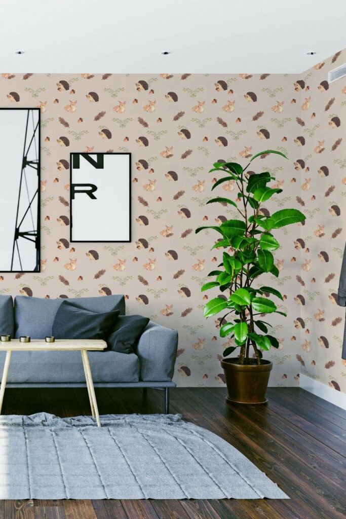 Modern scandinavian style living room decorated with Baby animals peel and stick wallpaper