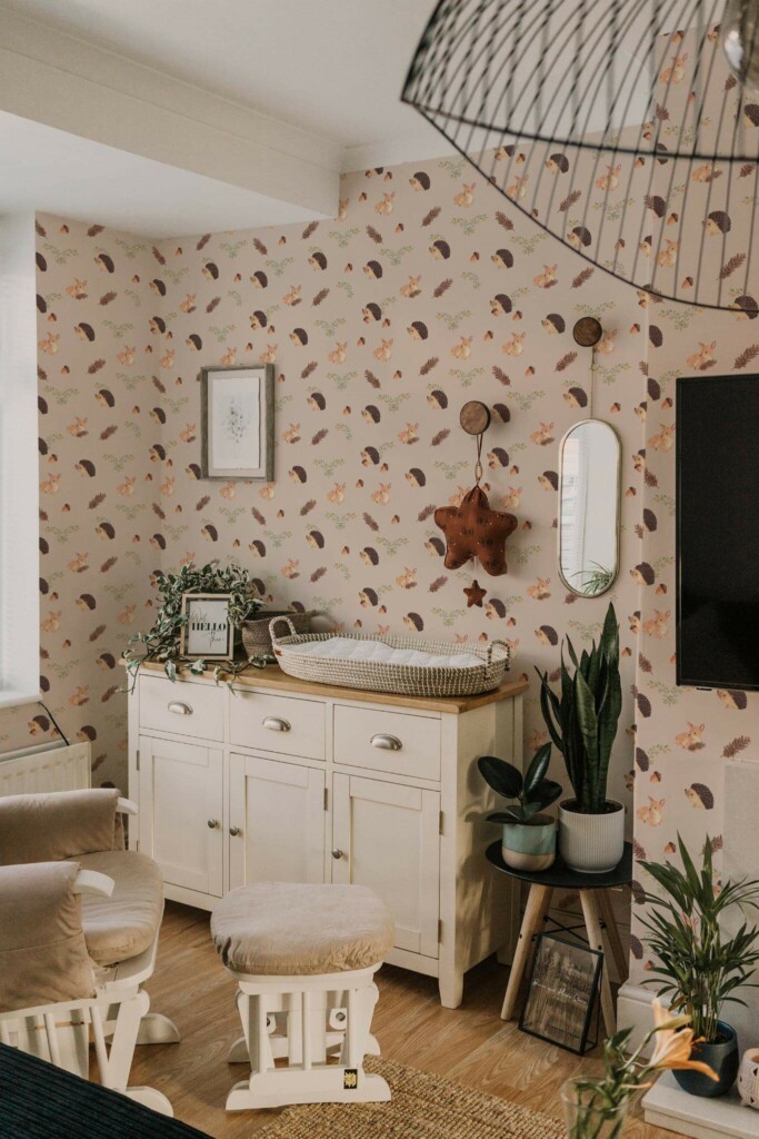 Neutral style nursery decorated with Baby animals peel and stick wallpaper