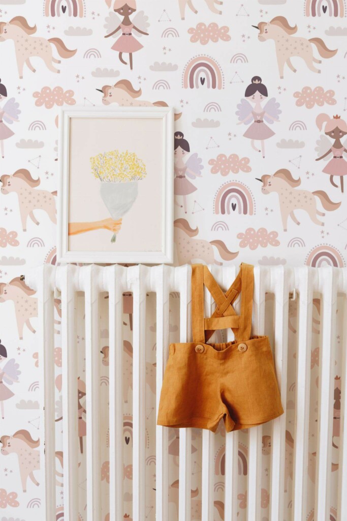 Bohemian style kids room decorated with Baby girl nursery peel and stick wallpaper