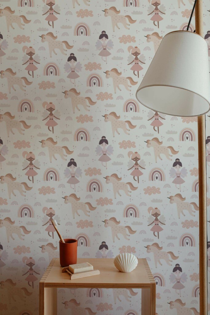 Minimal style bathroom decorated with Baby girl nursery peel and stick wallpaper