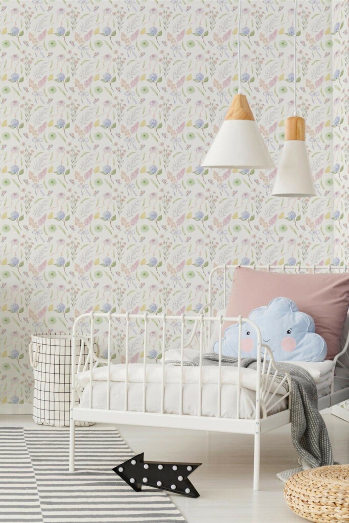 Bohemian style kids room decorated with Baby room peel and stick wallpaper