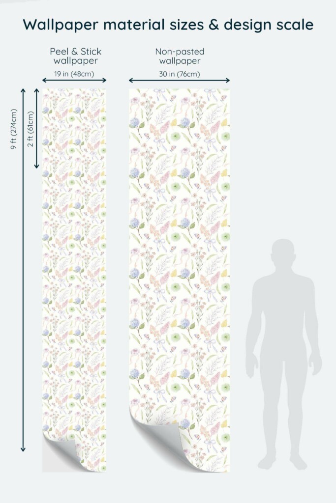 Size comparison of Baby Room Peel & Stick and Non-pasted wallpapers with design scale relative to human figure