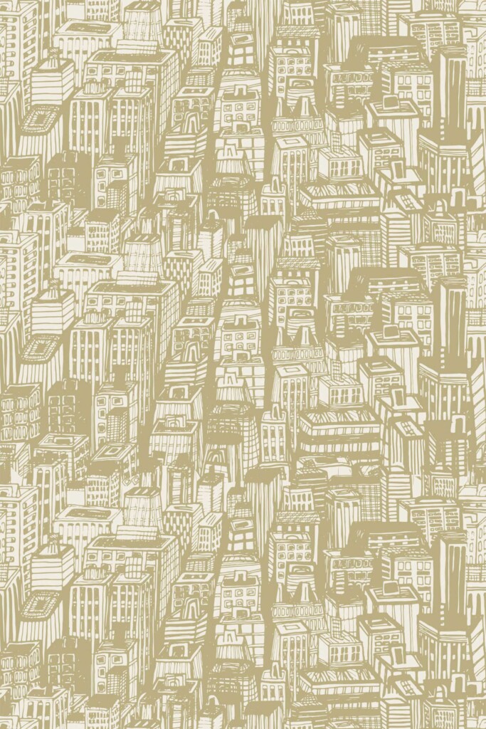 A close-up of the Town Bakery wallpaper reveals the intricate green cityscape pattern on a beige base. Featuring overlapping buildings and eclectic town elements, this seamless design suits interiors that need subtle movement and story. Best for bakery walls, small cafés, or creative living spaces with a warm, hand-drawn aesthetic.