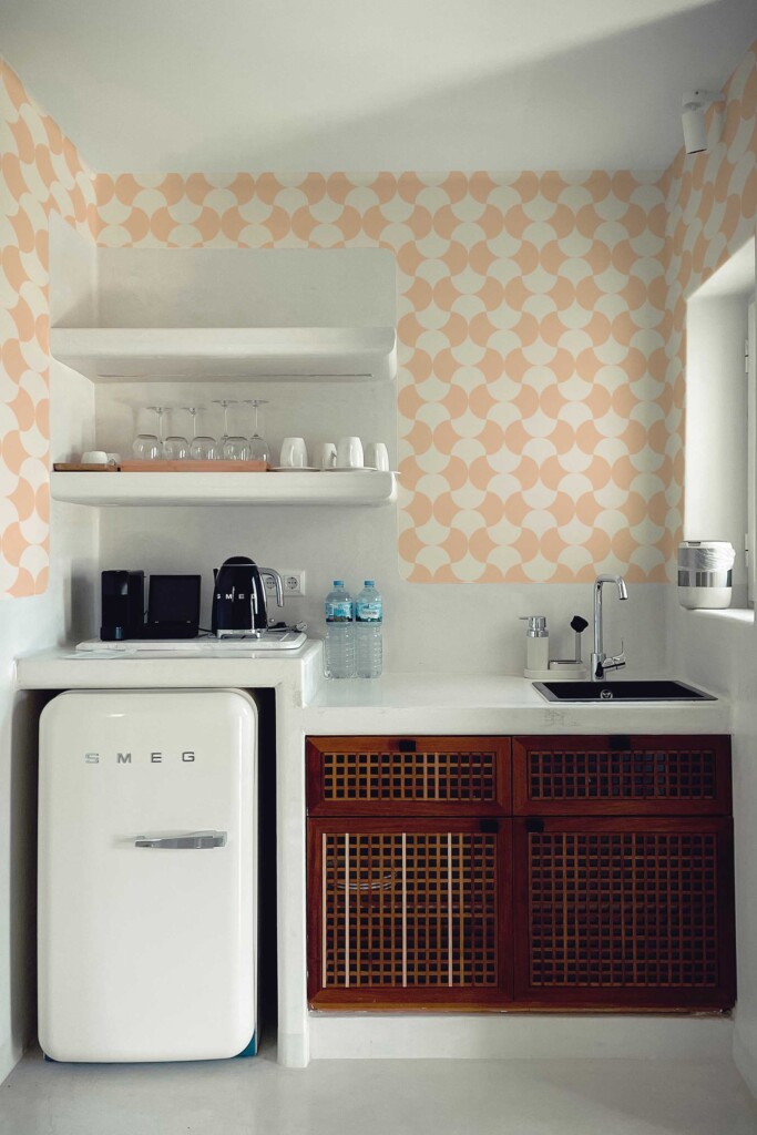 Compact white kitchen featuring Cute Bakery Peach Tiles wallpaper on the backsplash wall. The warm peach tiles provide a soft pop of color that complements minimalistic furniture and retro appliances in cozy home settings.