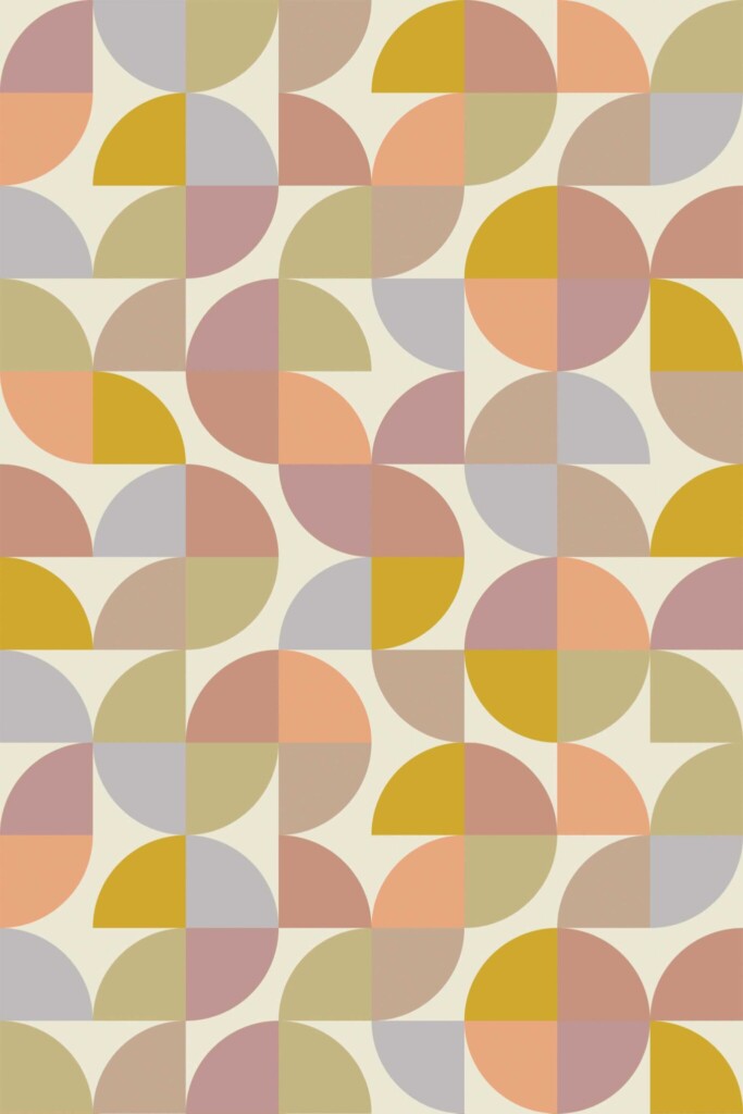 Close-up of Bakery Retro Colorful wallpaper showing curved tile shapes in purple, orange, yellow, and soft beige. The playful retro design suits bakery interiors, brunch cafés, or warm-toned creative studios.