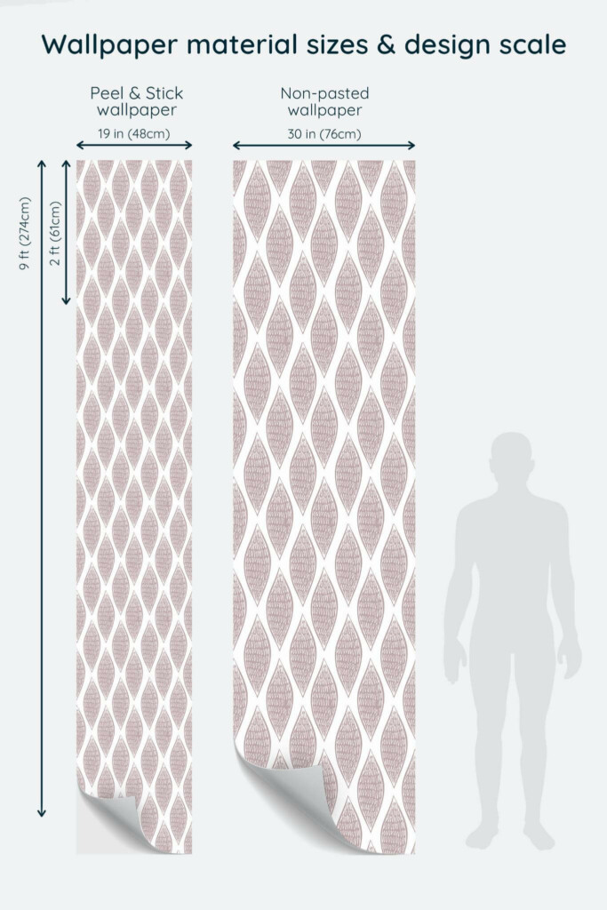 Size comparison of Balin ikat Peel & Stick and Non-pasted wallpapers with design scale relative to human figure
