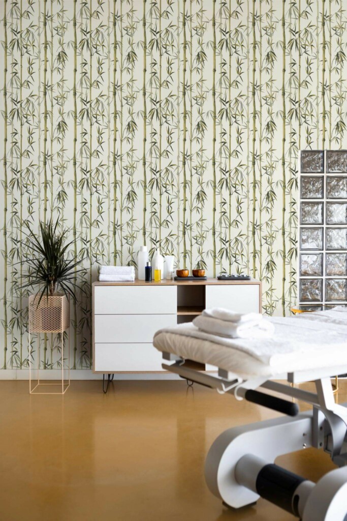Mid-century modern style spa massage room decorated with Bamboo tree peel and stick wallpaper